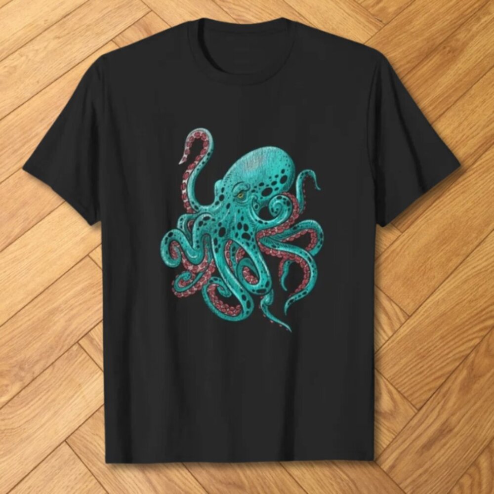 Abstract Teal Octopus Nautical Graphic Tee Black